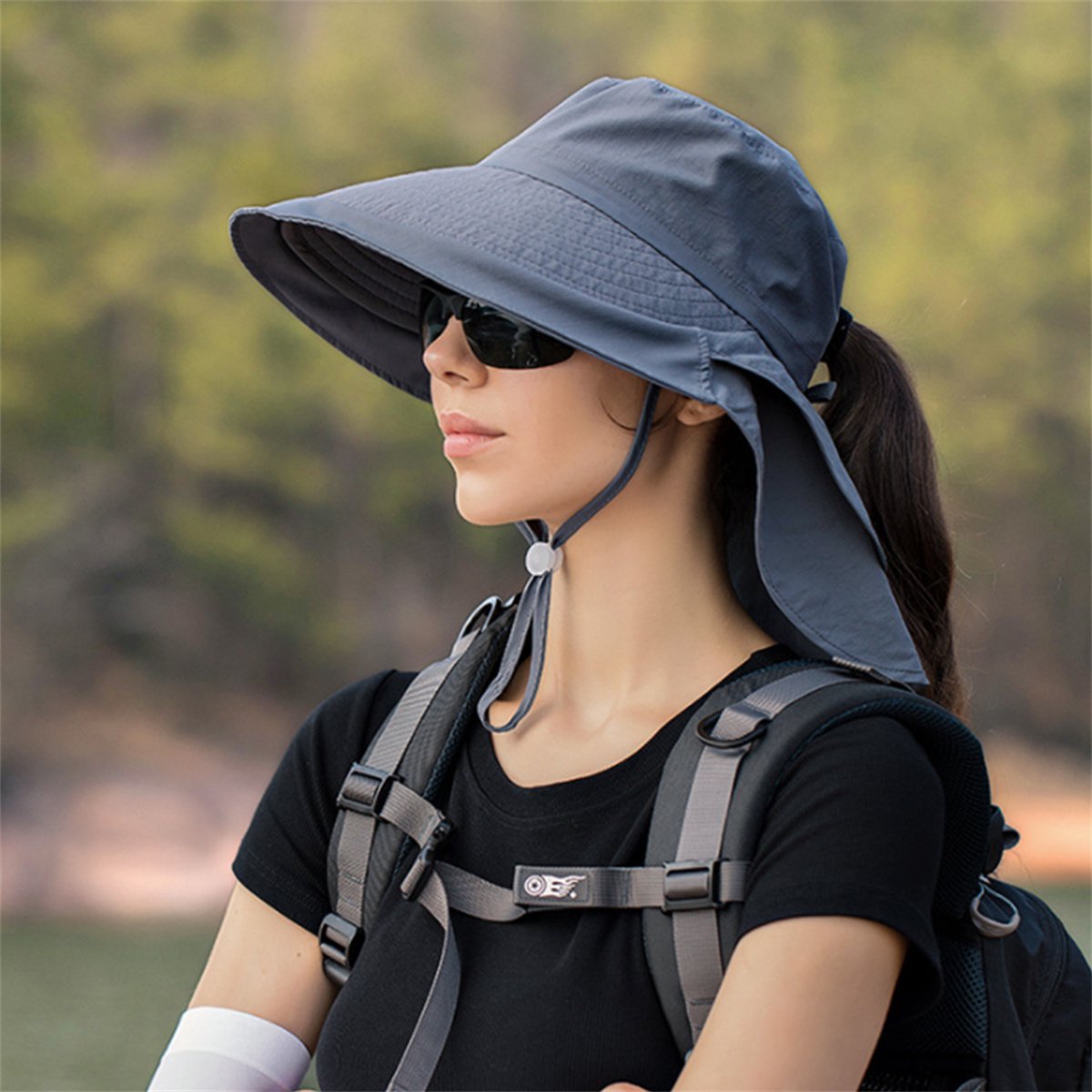 Women's and Men's Sun Hat - Foldable Garden Hat - Wide Brim with Neck Flap - With Chin Strap - For Outdoor Activities and Gardening - Dark Grey - 1 Piece - Image 6