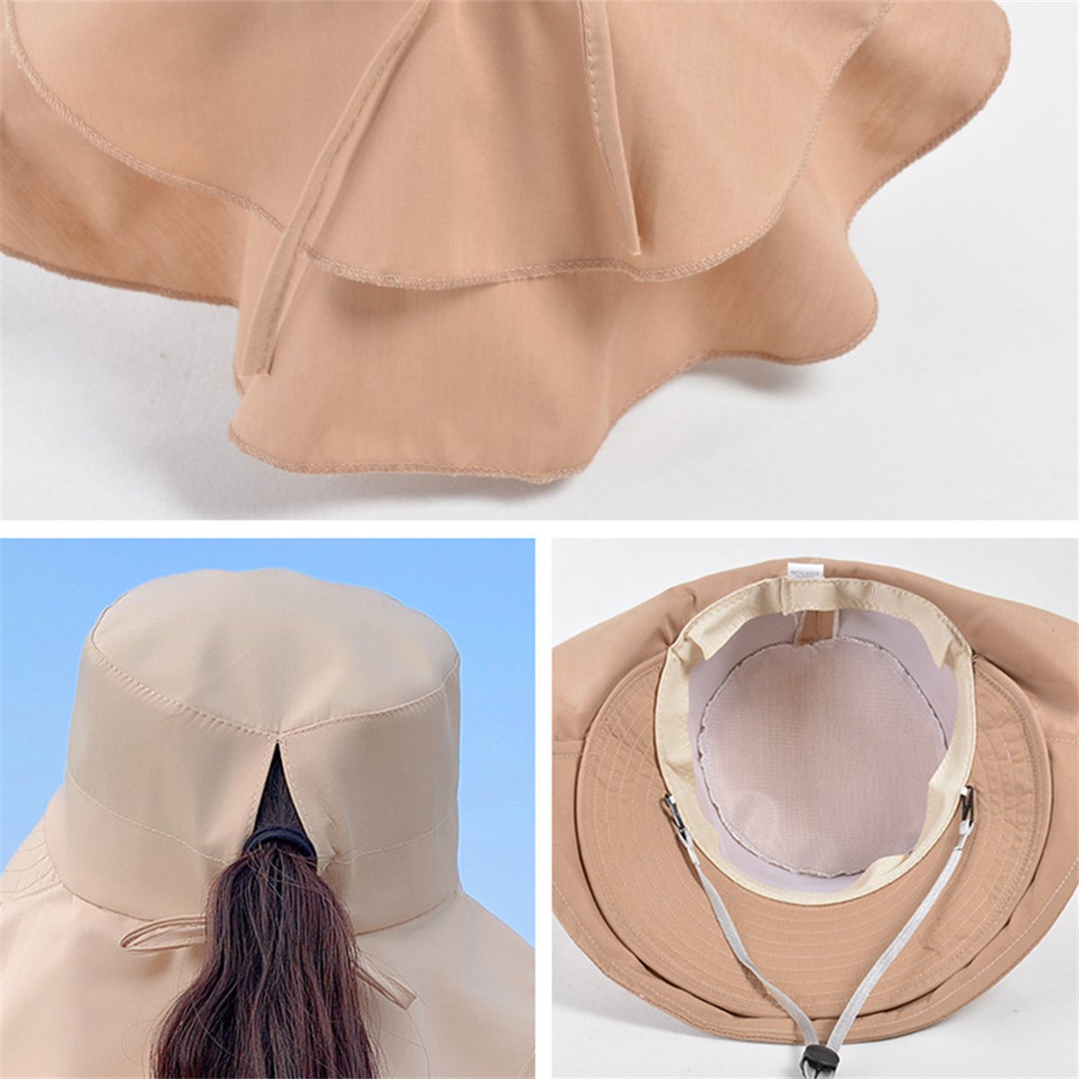 Women's and Men's Sun Hat - Foldable Garden Hat - Wide Brim with Neck Flap - With Chin Strap - For Outdoor Activities and Gardening - Cream Color - 1 Piece - Image 2