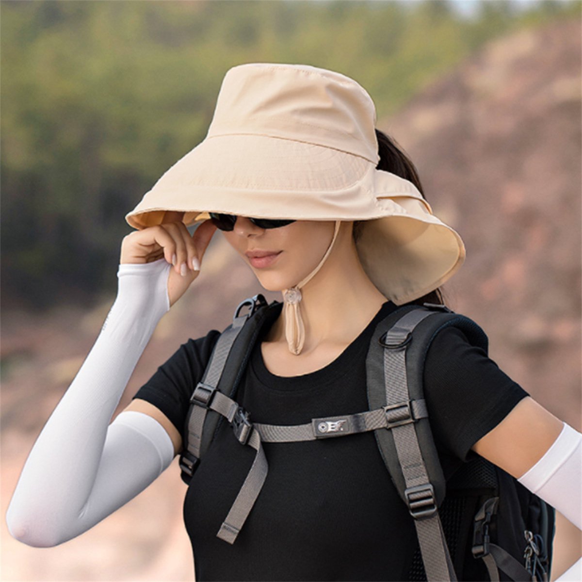 Women's and Men's Sun Hat - Foldable Garden Hat - Wide Brim with Neck Flap - With Chin Strap - For Outdoor Activities and Gardening - Cream Color - 1 Piece - Image 4