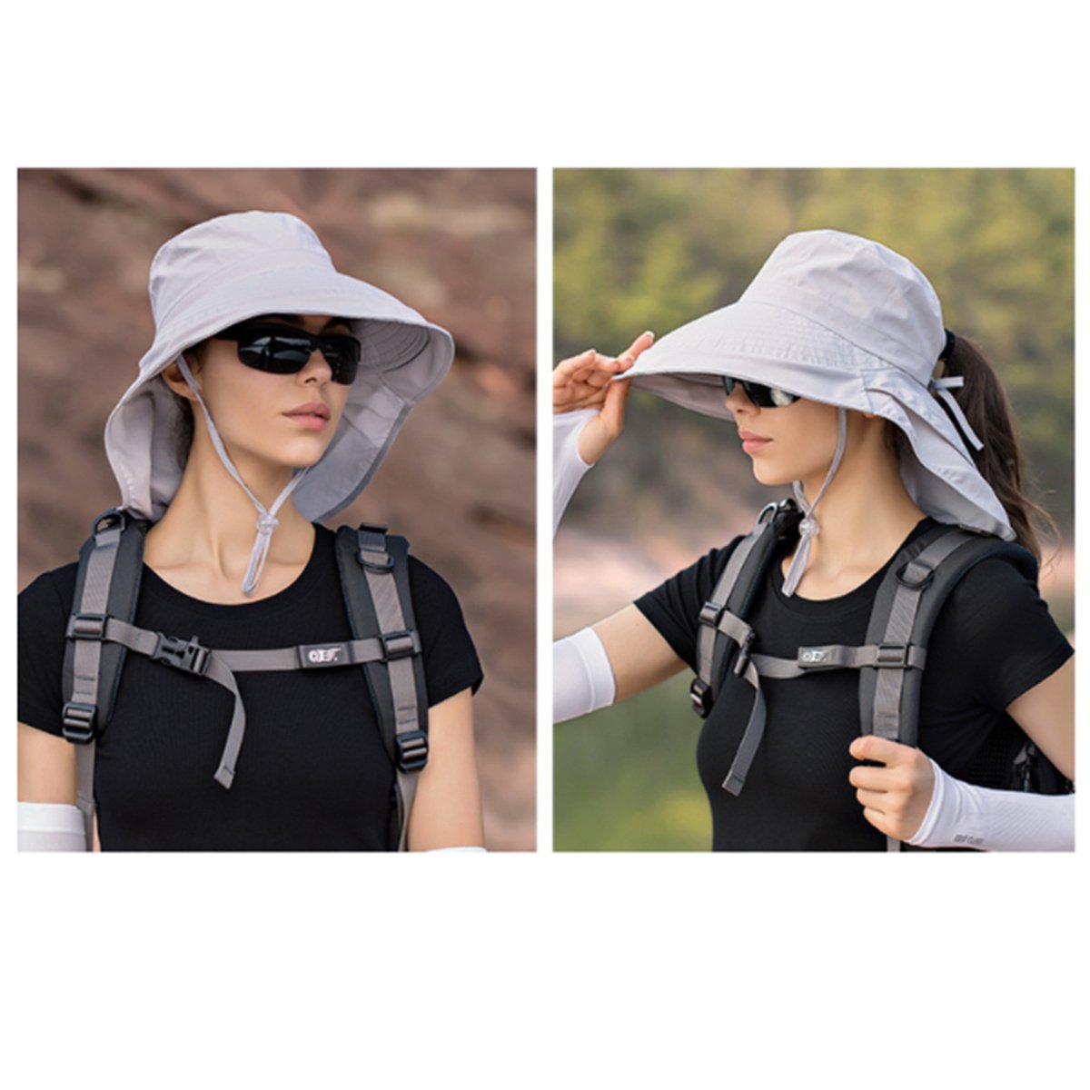 Women's and Men's Sun Hat - Foldable Garden Hat - Wide Brim with Neck Flap - With Chin Strap - For Outdoor Activities and Gardening - Light Grey - 1 Piece - Image 4