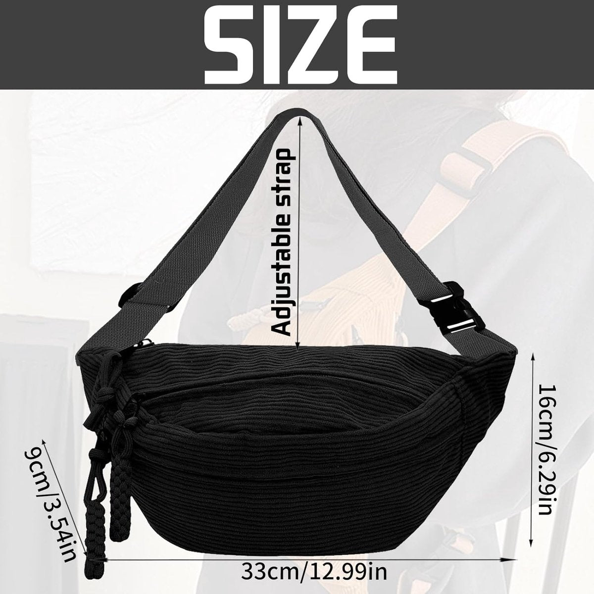 Fanny pack - Women's fanny pack - Men's fanny packs - Corduroy fanny pack - Women's corduroy fanny pack - Adjustable shoulder bag - Unisex - Perfect for shopping, travel and work (black) - Image 2