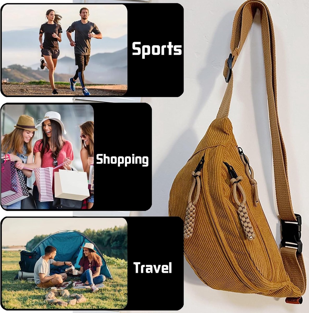 Fanny pack - Women's fanny pack - Men's fanny pack - Corduroy fanny pack - Women's corduroy fanny pack - Adjustable shoulder bag - Unisex - Perfect for shopping, travel and work (yellow) - Image 3