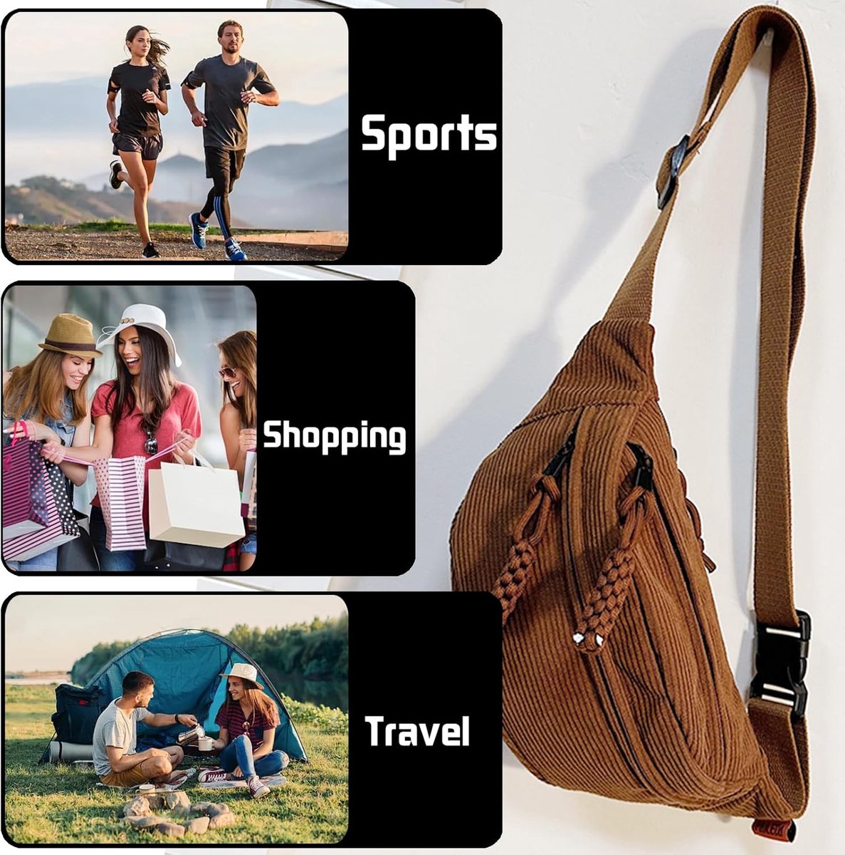 Fanny pack - Women's fanny pack - Men's fanny pack - Corduroy fanny pack - Women's corduroy fanny pack - Adjustable shoulder bag - Unisex - Perfect for shopping, travel and work (Brown) - Image 3