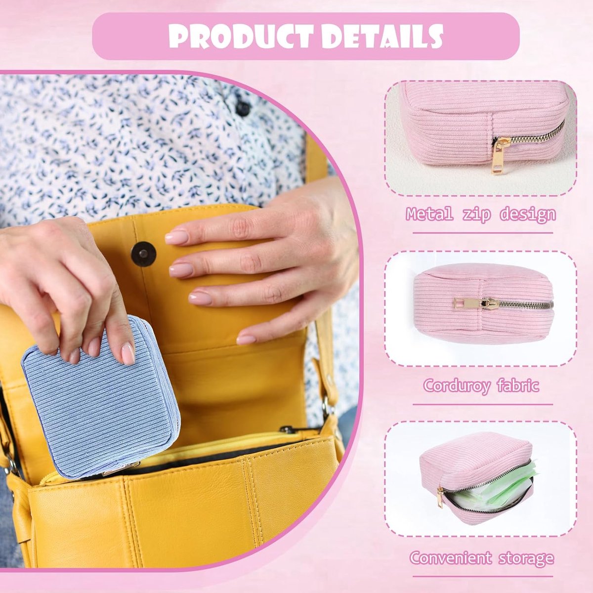 Toiletry bag - Women's toiletry bag - Toiletry bag - Tampon storage bag - Corduroy - Small makeup bag - Mini toiletry bag - Soft storage bag - Portable makeup bag (Pink) - Image 2
