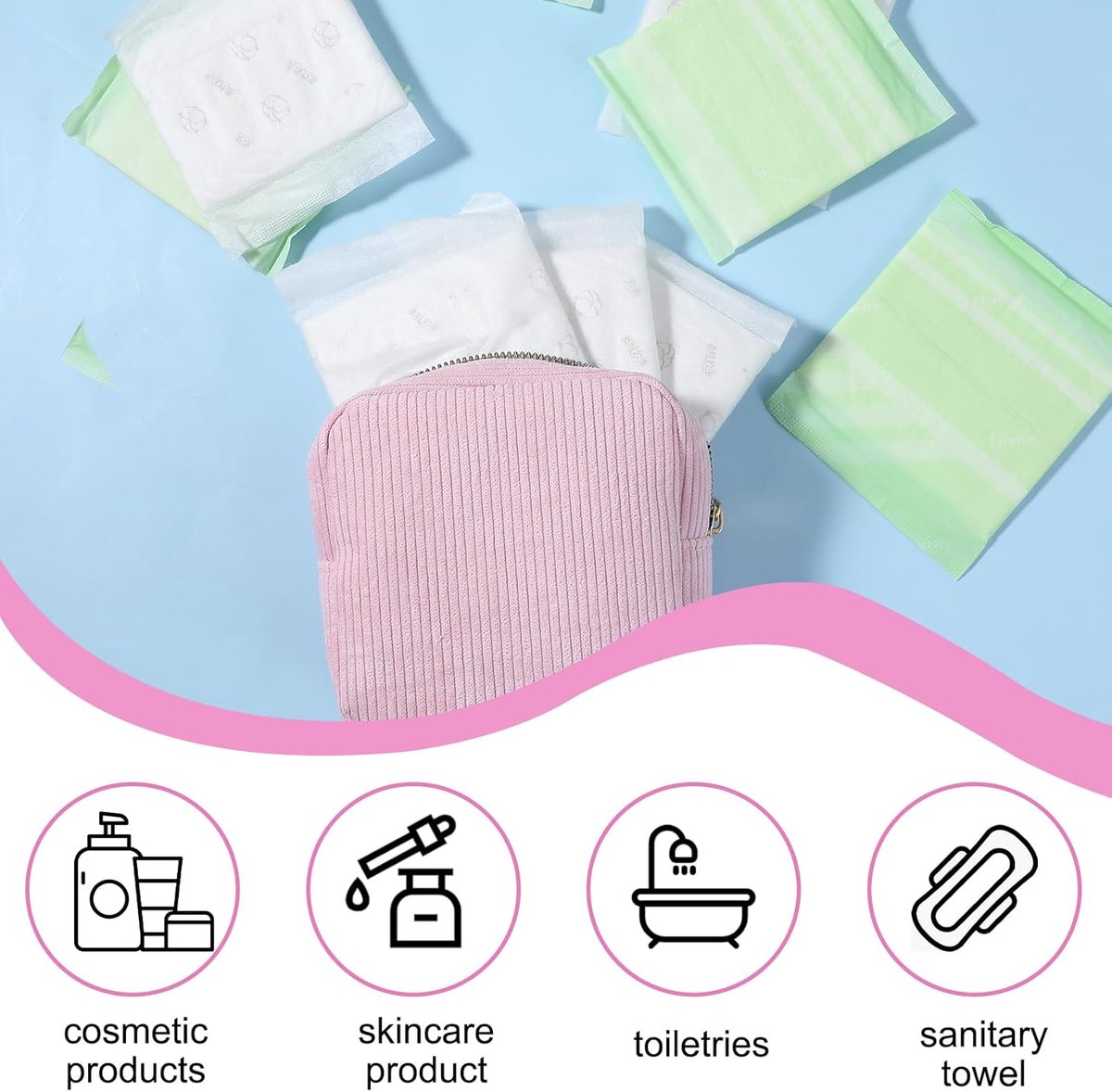 Toiletry bag - Women's toiletry bag - Toiletry bag - Tampon storage bag - Corduroy - Small makeup bag - Mini toiletry bag - Soft storage bag - Portable makeup bag (Pink) - Image 4