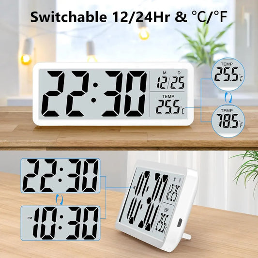Battery-operated digital wall clock with large numbers, temperature display, 12/24 hour format for office, living room, bedroom, school - Image 2