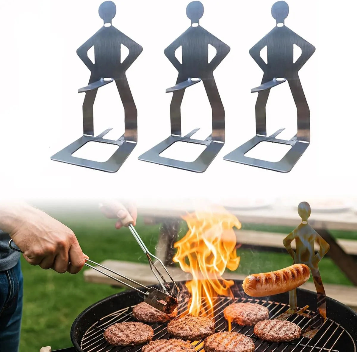 BBQ Stainless Steel Sausage Holder, 3 Pieces, Portable Standing Man Stand, Fun Fork for Camping, Picnic, Garden, Kitchen, BBQ, Gifts for Men