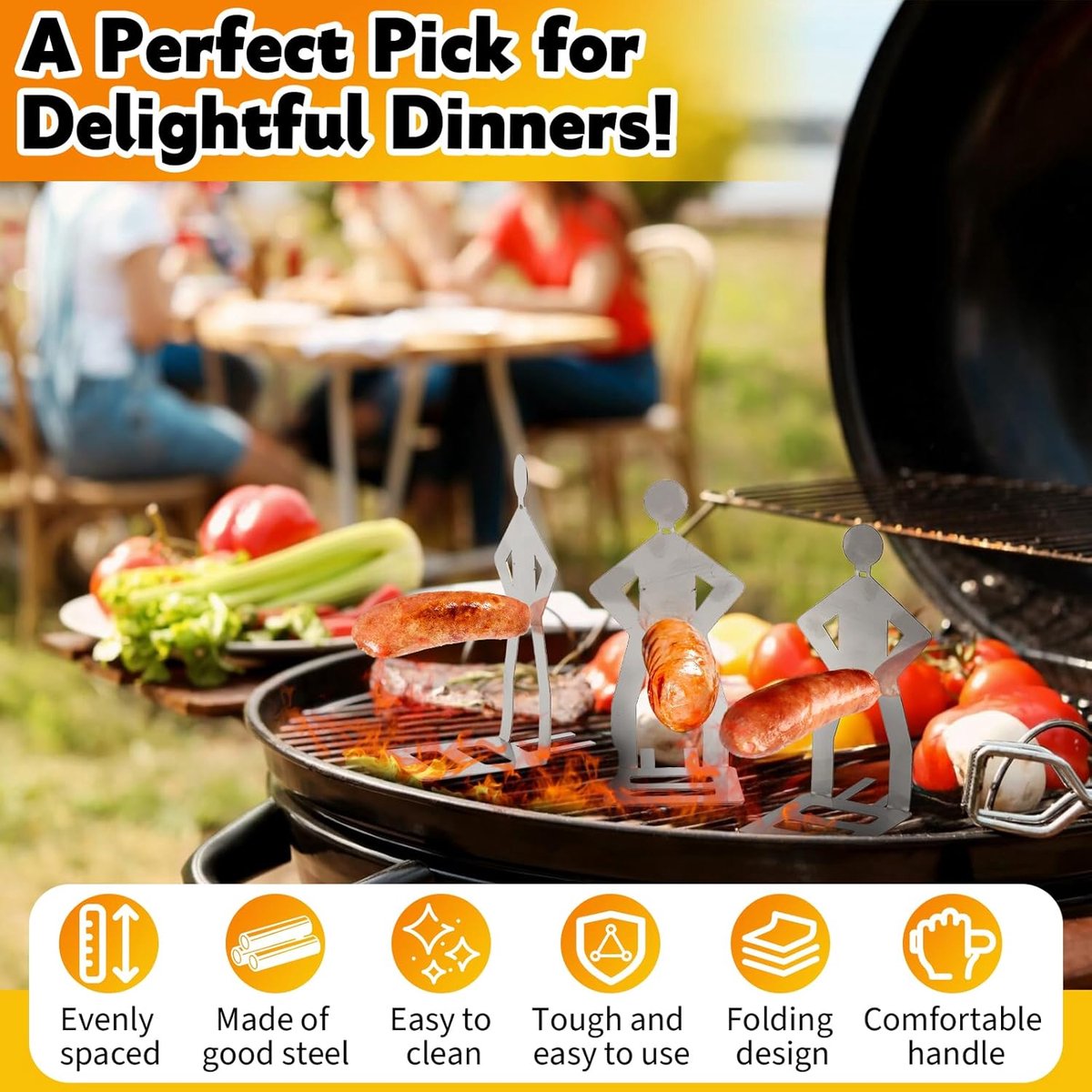 BBQ Stainless Steel Sausage Holder, 3 Pieces, Portable Standing Man Stand, Fun Fork for Camping, Picnic, Garden, Kitchen, BBQ, Gifts for Men - Image 5