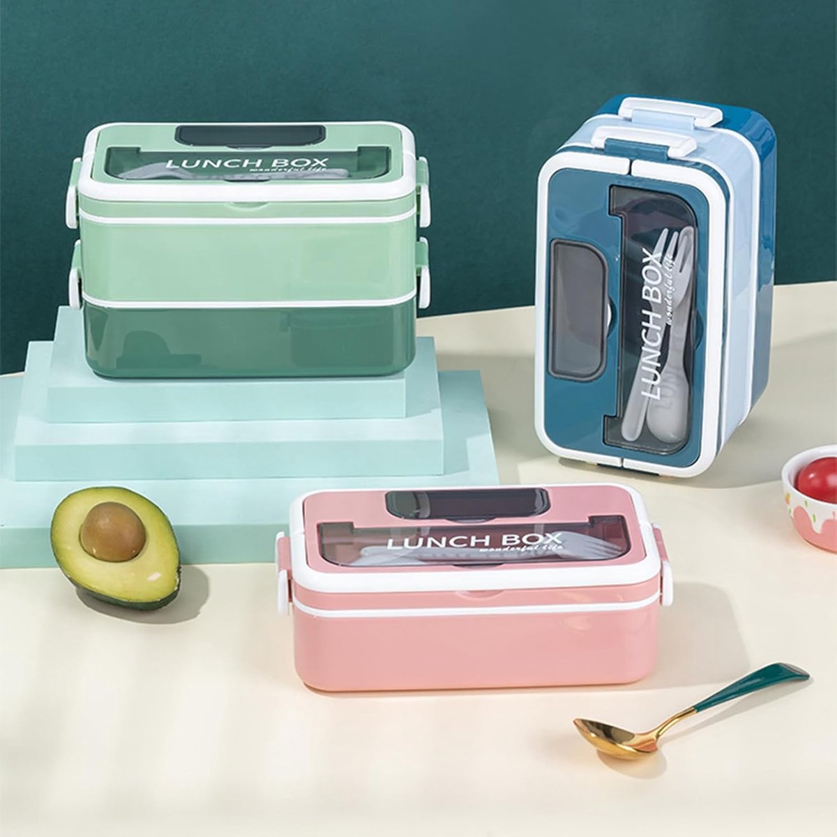 Lunch boxes - lunch box for adults - lunch box for children - lunch box with compartments - stackable lunch box - leakproof lunch container - 1600ML - with 2 layers - for children, adults, students (blue) - Image 2