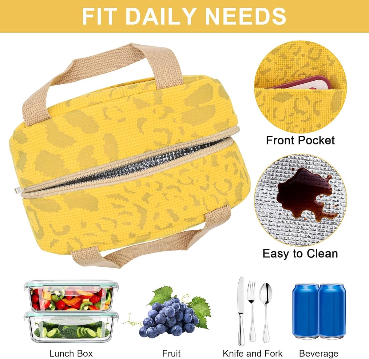 Children's Lunch Bags - Reusable Lunch Bag - Lunch Bags - Lunch Bags for Women and Men - Mini Insulated Bag 6L - Small Insulated Picnic Bag - For Work, School, Picnics and Travel (Yellow) - Image 4