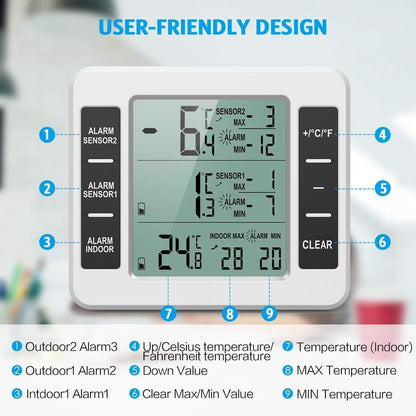 Thermometer - thermometers - indoor thermometer - freezer thermometer - freezer thermometer - digital hygrometer - with 2 sensors - for freezer with temperature alarm, MIN/MAX, temperature trend arrow display - Image 2