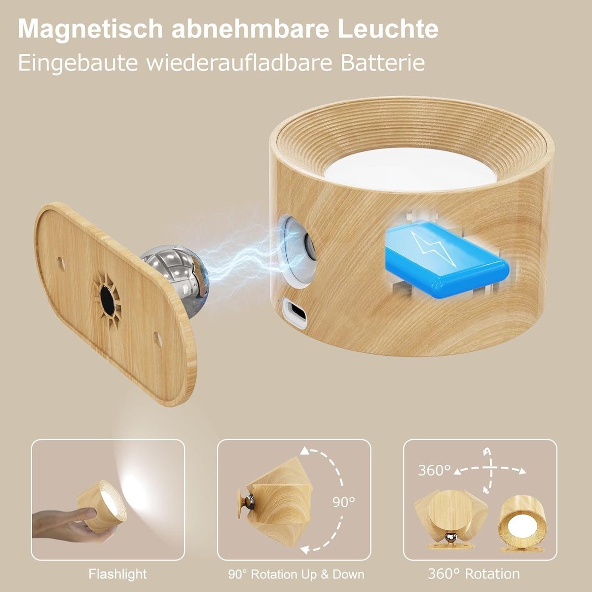 Night light - Indoor wall light - Rechargeable wall light - Children's night light - Wall light with 1 battery - Touch control with 3 brightness levels - 360° rotation - For living room, bedroom, staircase - Wood grain - Image 3