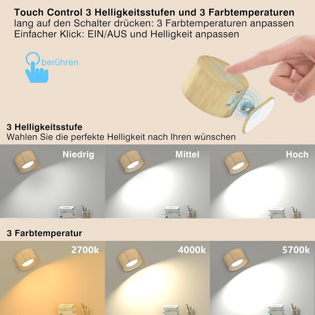 Night light - Indoor wall light - Rechargeable wall light - Children's night light - Wall light with 1 battery - Touch control with 3 brightness levels - 360° rotation - For living room, bedroom, staircase - Wood grain - Image 5