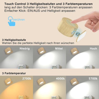Night light - Indoor wall light - Rechargeable wall light - Children's night light - Wall light with 1 battery - Touch control with 3 brightness levels - 360° rotation - For living room, bedroom, staircase - Wood grain - Image 5