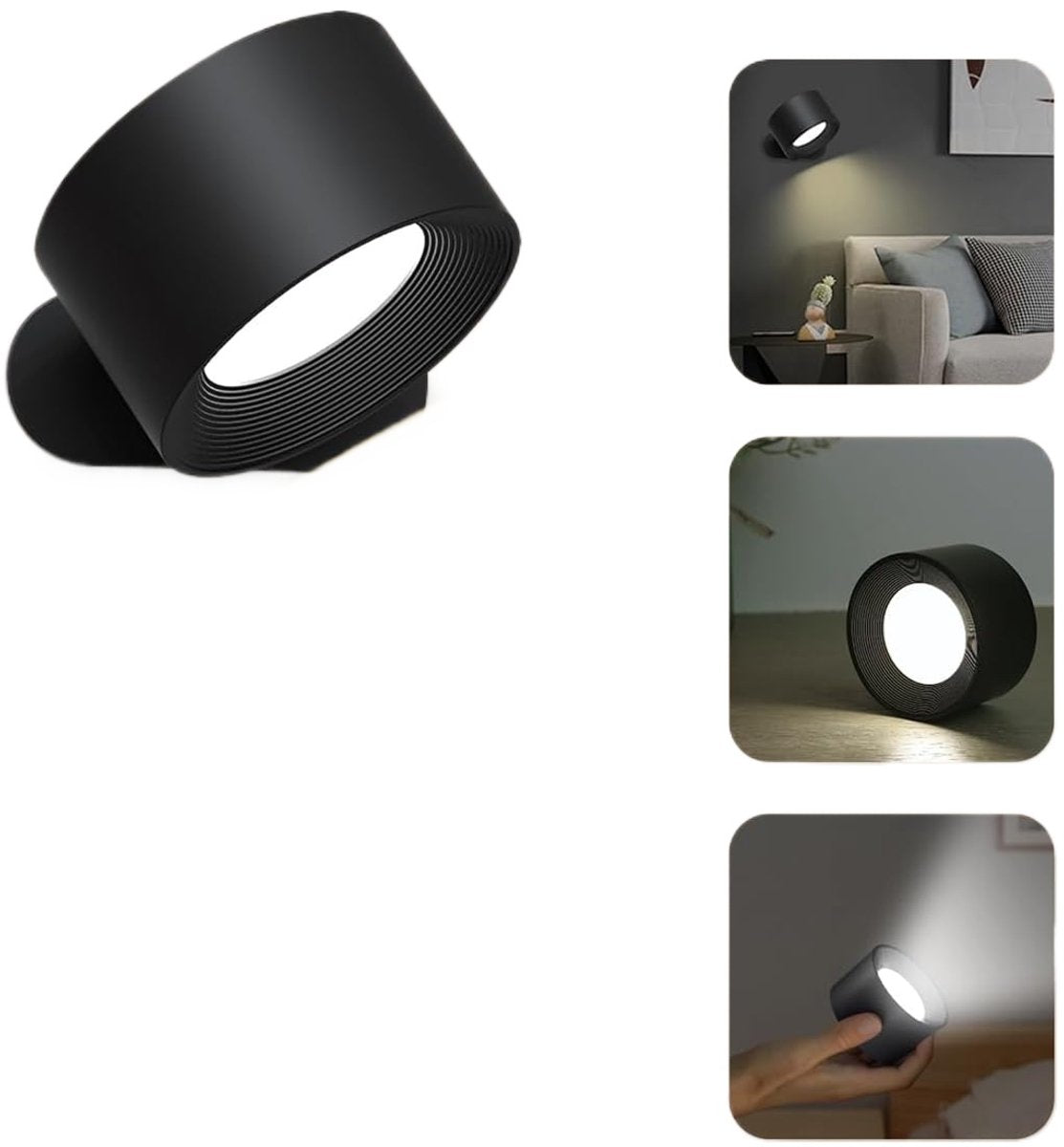 Lamp - Indoor wall light - LED wall light - Night light for adults - Battery operated wall light (1 piece) - Touch control with 3 brightness levels - 360° rotation - For living room, bedroom, staircase - Black