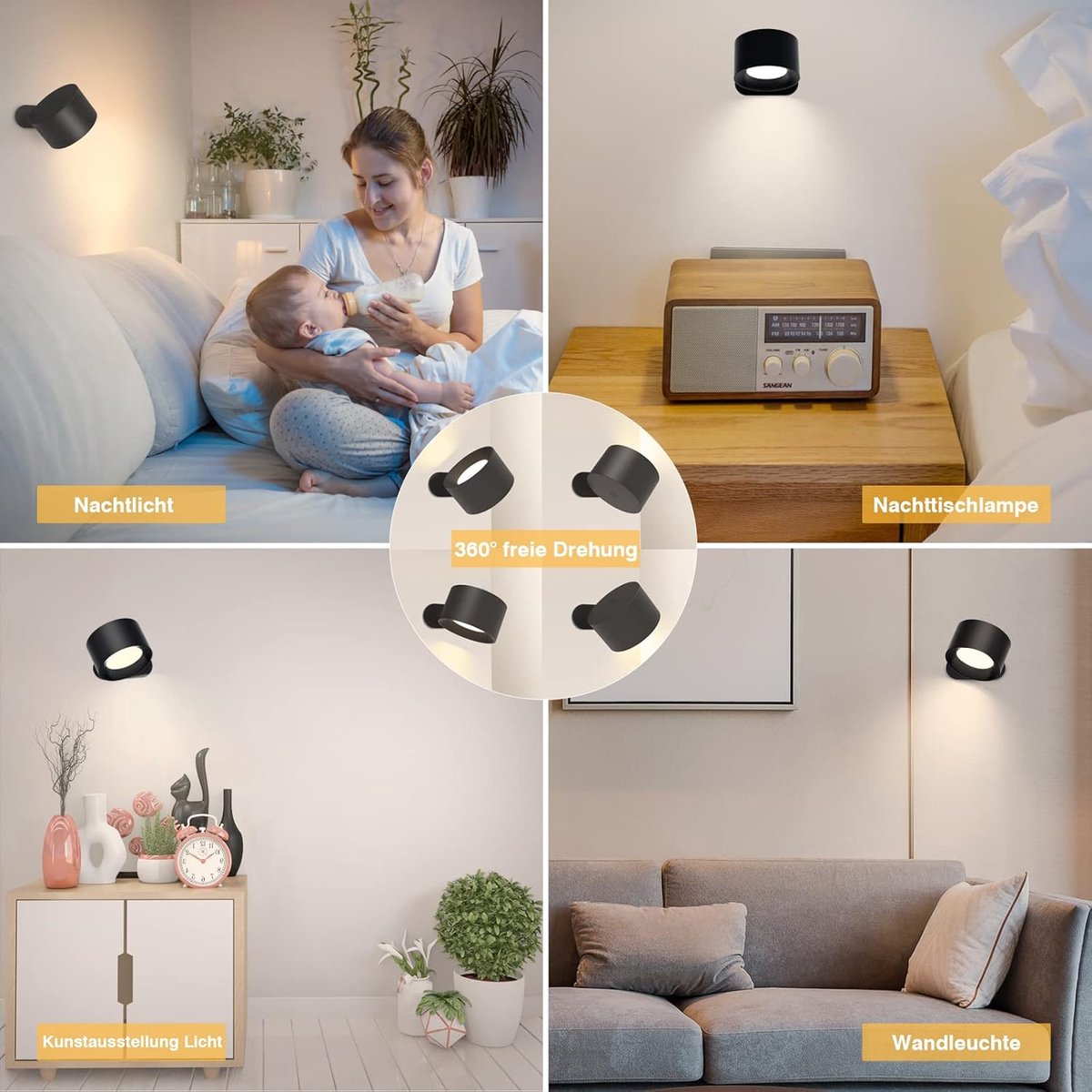 Lamp - Indoor wall light - LED wall light - Night light for adults - Battery operated wall light (1 piece) - Touch control with 3 brightness levels - 360° rotation - For living room, bedroom, staircase - Black - Image 5