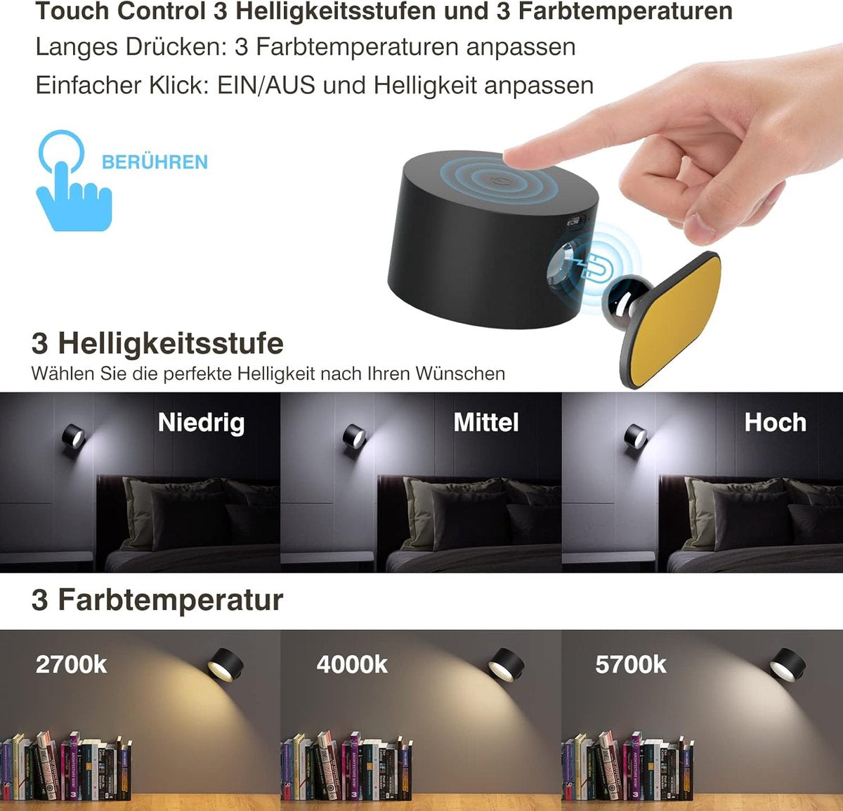 Lamp - Indoor wall light - LED wall light - Night light for adults - Battery operated wall light (1 piece) - Touch control with 3 brightness levels - 360° rotation - For living room, bedroom, staircase - Black - Image 6