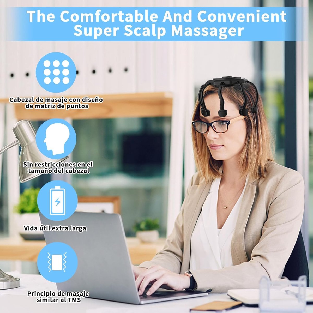 The head massager features 3 vibrating contacts, is ultra-rechargeable, and has a removable head attachment. Suitable for pain and anxiety relief, stress reduction, relaxation, and deep sleep. - Image 3