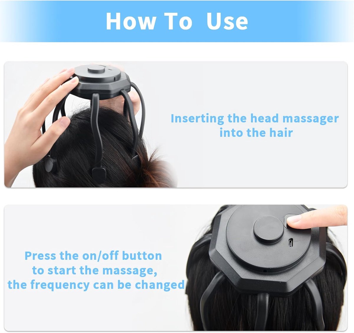 The head massager features 3 vibrating contacts, is ultra-rechargeable, and has a removable head attachment. Suitable for pain and anxiety relief, stress reduction, relaxation, and deep sleep. - Image 6
