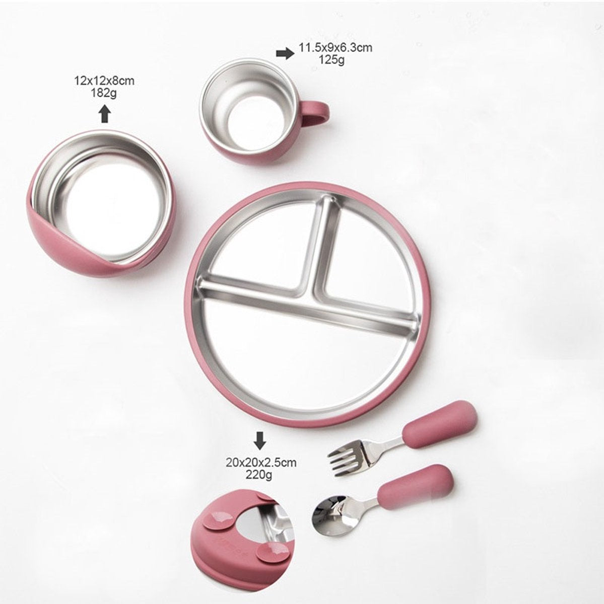 5-Piece Set - Children's Plate - Baby Plate in Stainless Steel - BPA-Free - Non-Slip - Unbreakable - Removable - Suitable for Children 1-3 Years Old - Includes Plate, Bowl, Cup, Fork, Spoon - Pink - Image 2