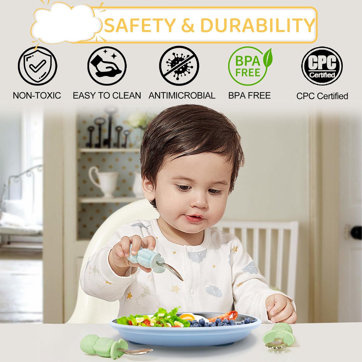 5-Piece Set - Children's Plate - Baby Plate in Stainless Steel - BPA-Free - Non-Slip - Unbreakable - Removable - Suitable for Children 1-3 Years Old - Includes Plate, Bowl, Cup, Fork, Spoon - Pink - Image 4