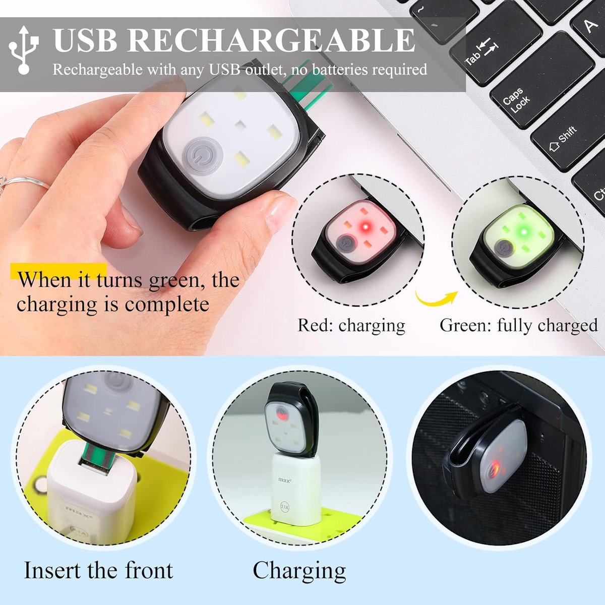 Clip-on outdoor running light, LED flashlight, USB rechargeable, reflective plastic safety light, accessory for running/training/racing. - Image 2