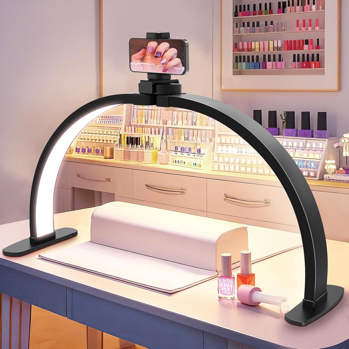 Desk Lamp - Manicure Lamp - Nail Technician Desk Lamp - Half-Moon Lamp - Large LED Tech Table Lamp with Phone Holder - 3 Enlightenment Style Modes - Black - Image 2