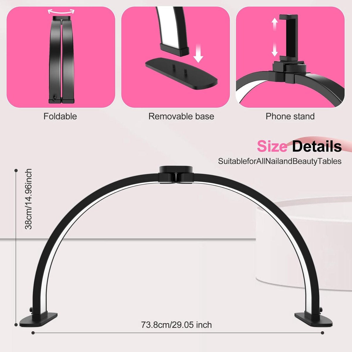 Desk Lamp - Manicure Lamp - Nail Technician Desk Lamp - Half-Moon Lamp - Large LED Tech Table Lamp with Phone Holder - 3 Enlightenment Style Modes - Black - Image 4