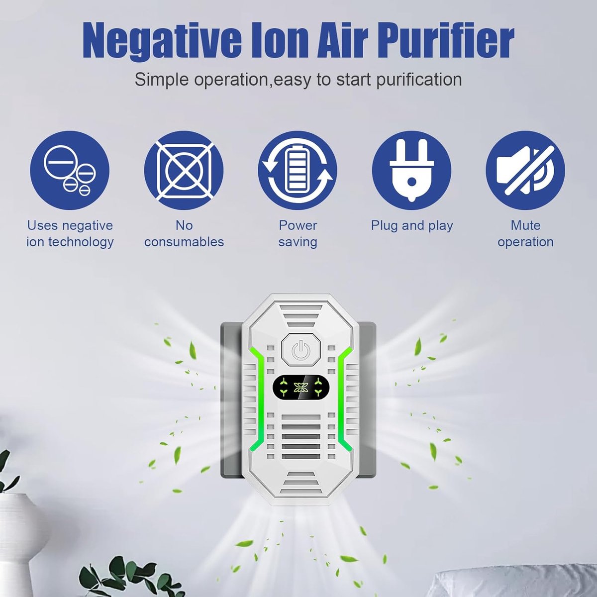 Air purifier - Plug-in negative ion air purifier - Home air purifier - Deodorizer - Ionizer - For pets, bathroom, office, bedroom - Wit - Image 2