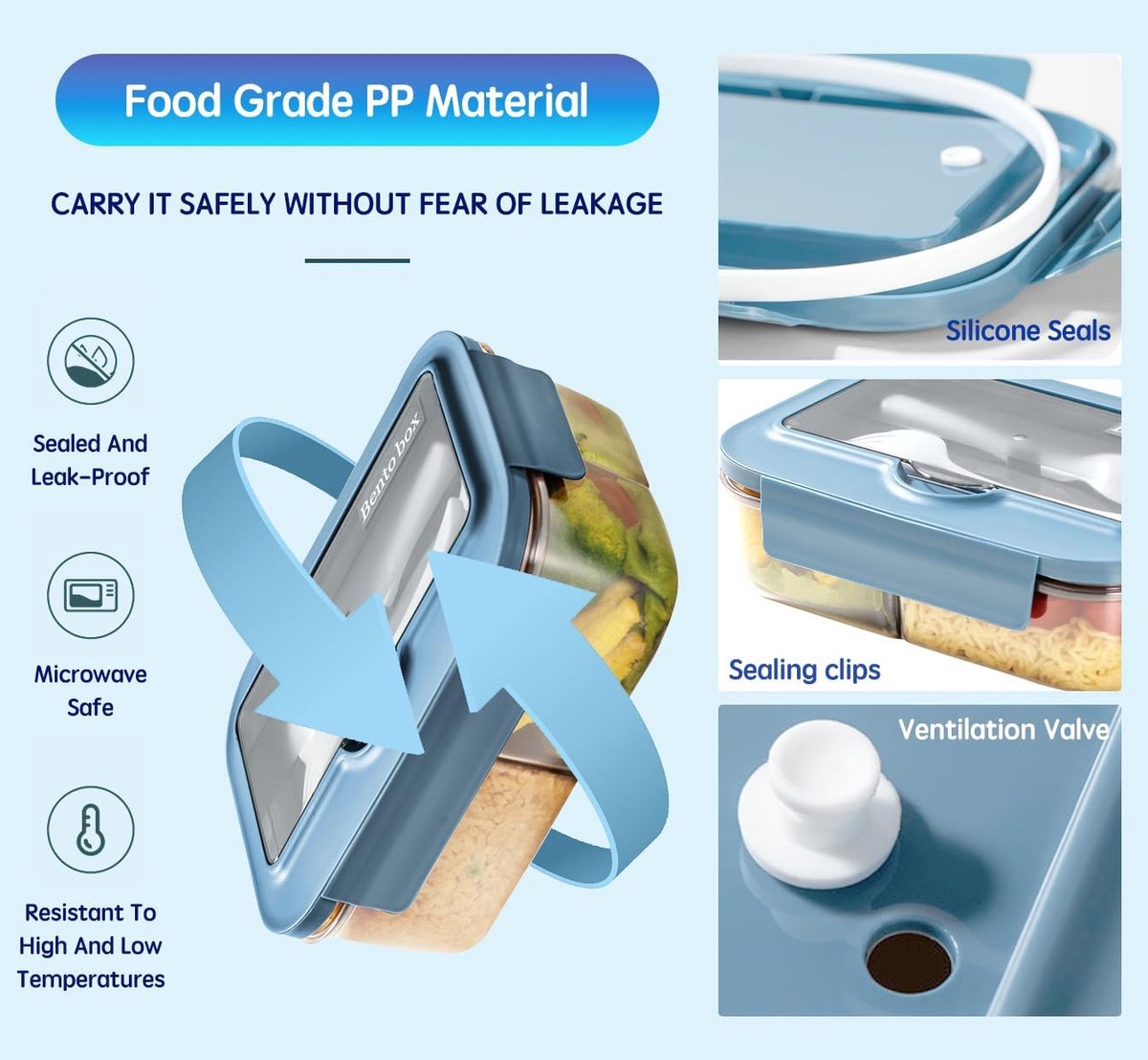 Lunch Box - Children's Lunch Box - Compartmentalized Lunch Box - Reusable Lunch Box - 2-Compartment Lunch Box - Insulated - Sealable - Portable - Microwaveable (Blue) - Image 3