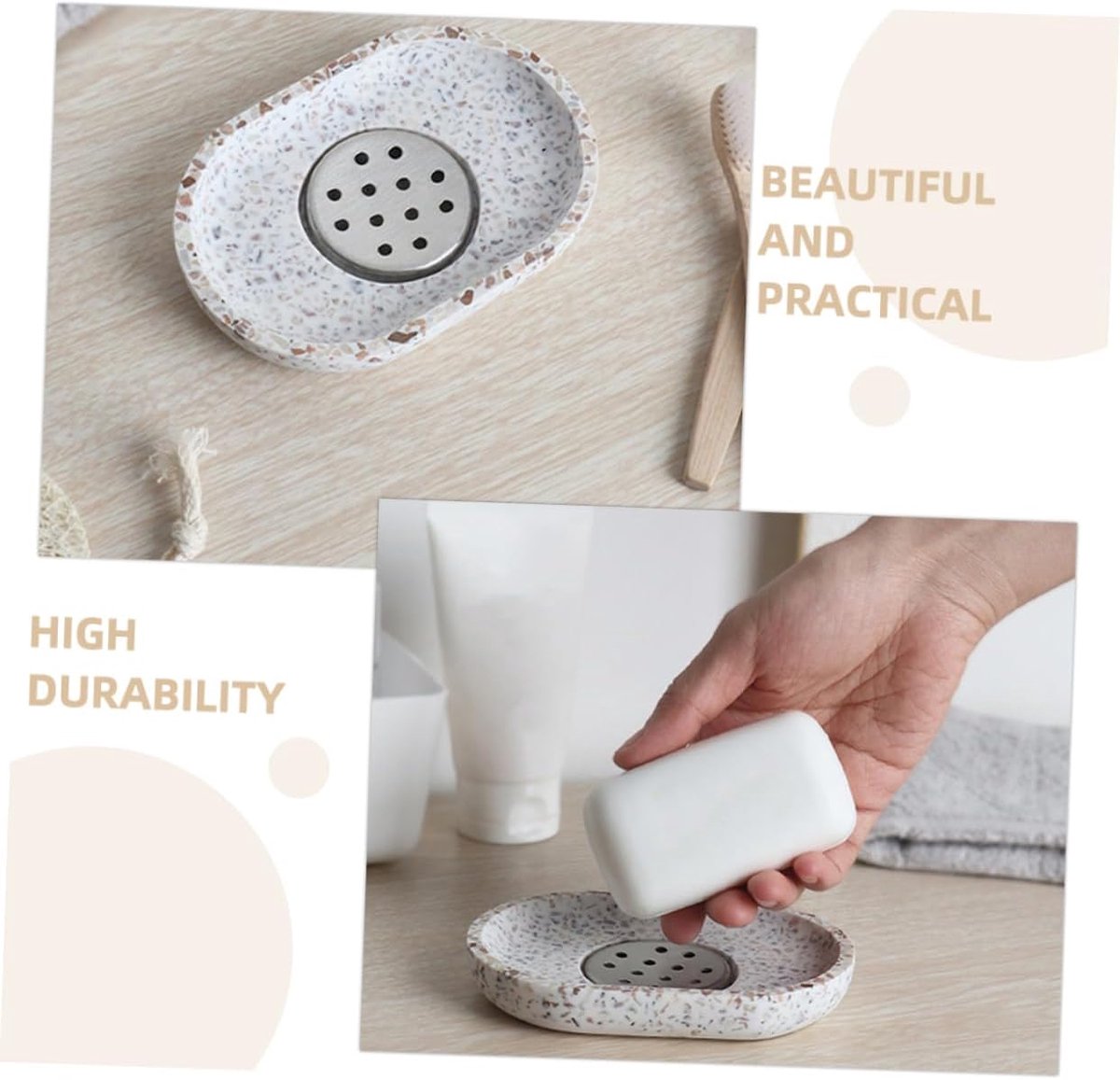 Terrazzo soap dish with stainless steel drainer, beige, natural stone, beige for bathroom, sink and kitchen - Drainage design for bathroom sinks and countertops - Image 2