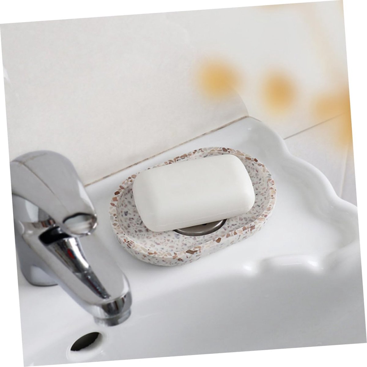 Terrazzo soap dish with stainless steel drainer, beige, natural stone, beige for bathroom, sink and kitchen - Drainage design for bathroom sinks and countertops - Image 4