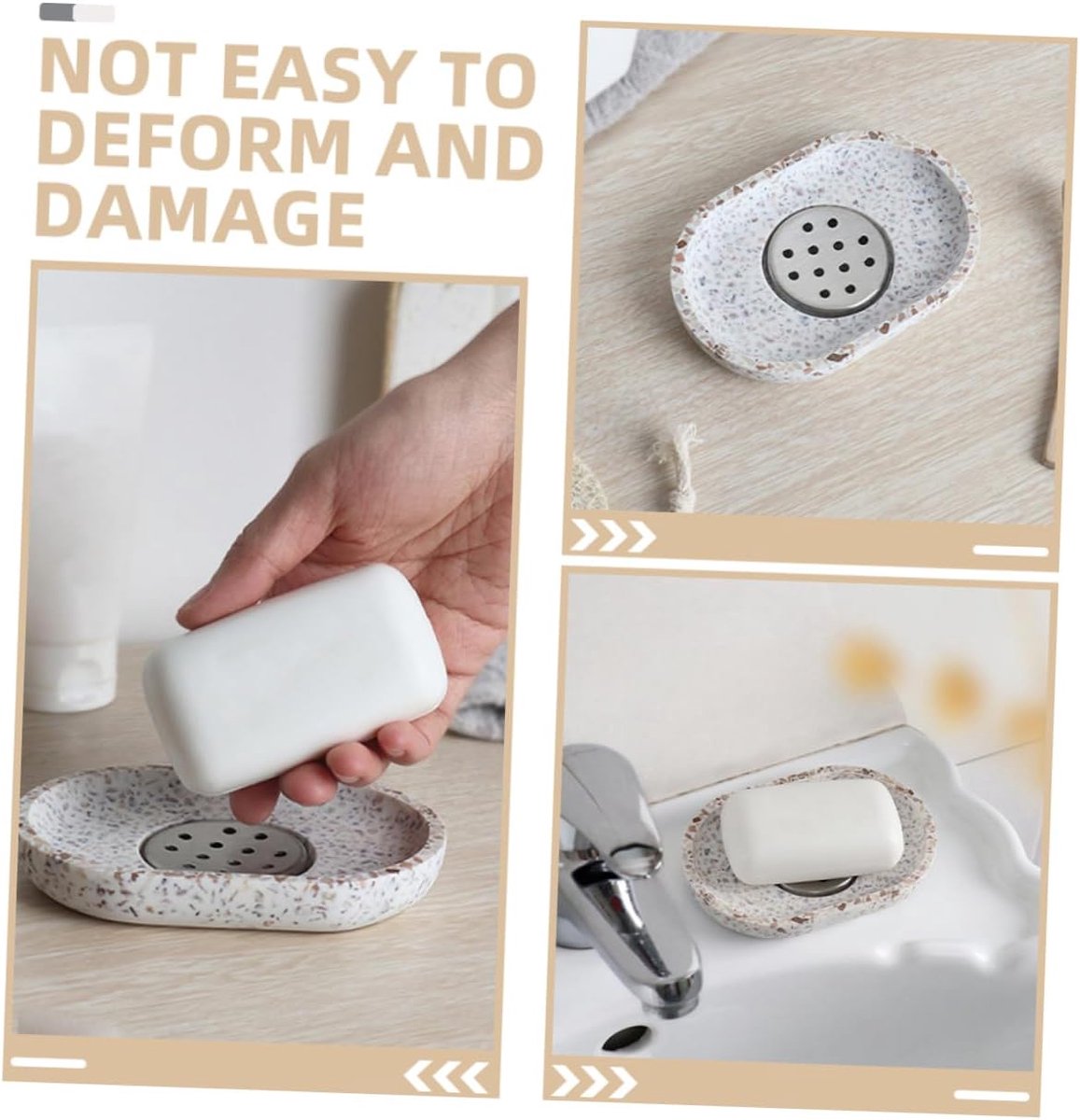 Terrazzo soap dish with stainless steel drainer, beige, natural stone, beige for bathroom, sink and kitchen - Drainage design for bathroom sinks and countertops - Image 6