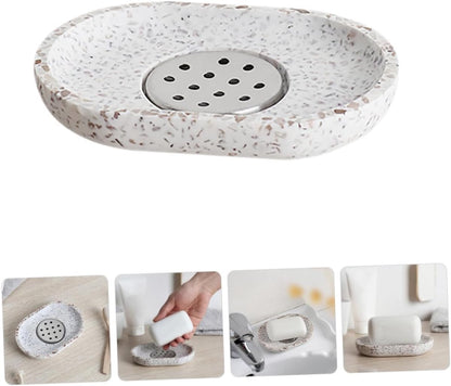 Terrazzo soap dish with stainless steel drainer, beige, natural stone, beige for bathroom, sink and kitchen - Drainage design for bathroom sinks and countertops - Image 7