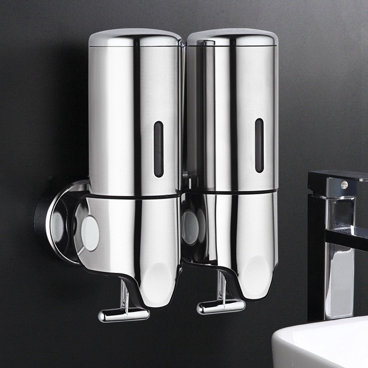 2-in-1 Soap Dispenser - Liquid Dispenser - 2 x 500 ml - 2 Reservoirs - Wall Mounted - Kitchen - Bathroom - Shower - Stainless Steel - 25 x 18.5 x 9 cm - Silver - Hanging Soap Dispenser - Image 2
