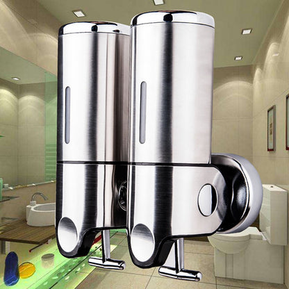 2-in-1 Soap Dispenser - Liquid Dispenser - 2 x 500 ml - 2 Reservoirs - Wall Mounted - Kitchen - Bathroom - Shower - Stainless Steel - 25 x 18.5 x 9 cm - Silver - Hanging Soap Dispenser - Image 4