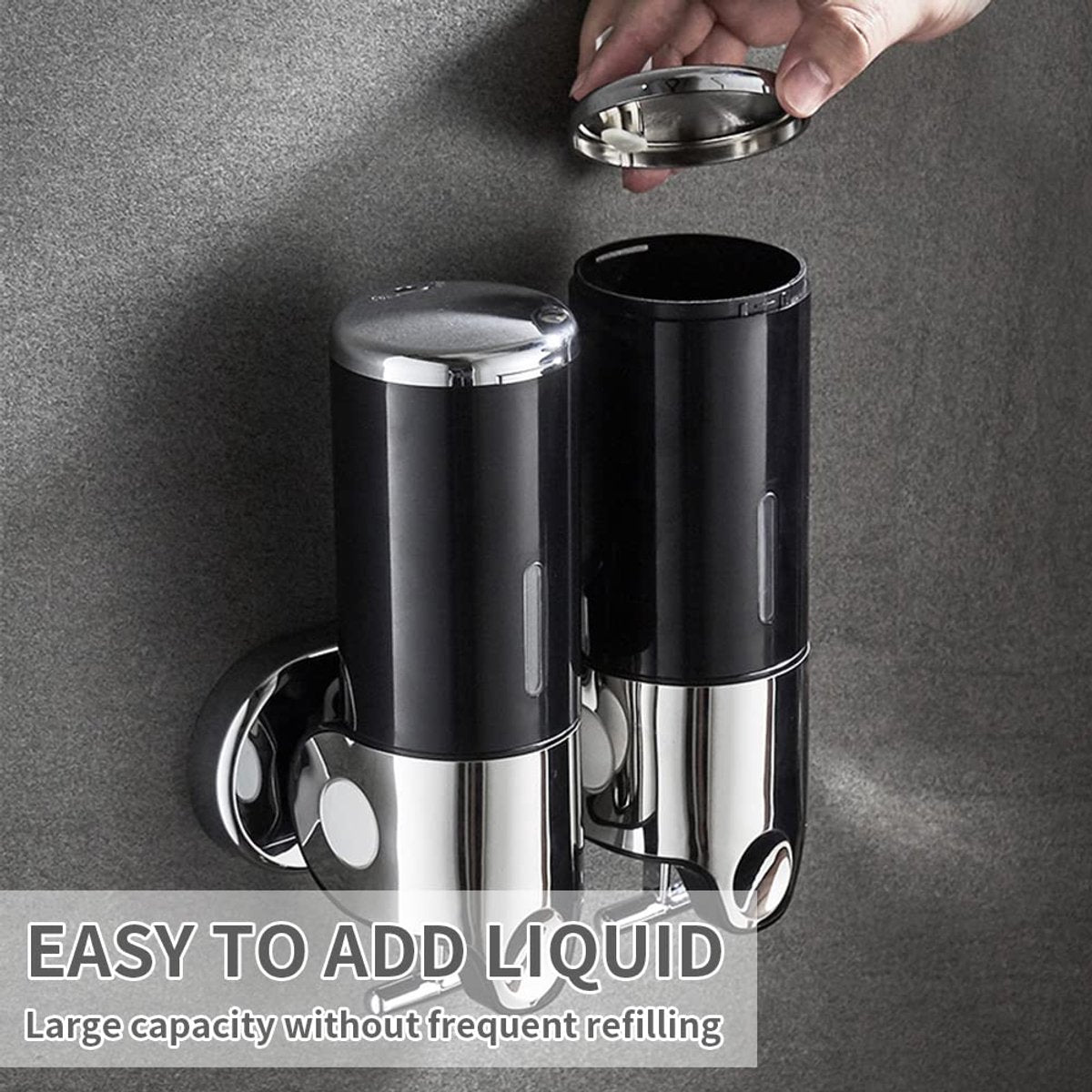 Soap Dispenser - 2 in 1 Liquid Dispenser - Liquid Dispenser - 2 x 500 ml - Wall Mounted Soap Dispenser - Kitchen - Bathroom - Shower - 24.1 x 21.6 x 10 cm - Black - Image 3