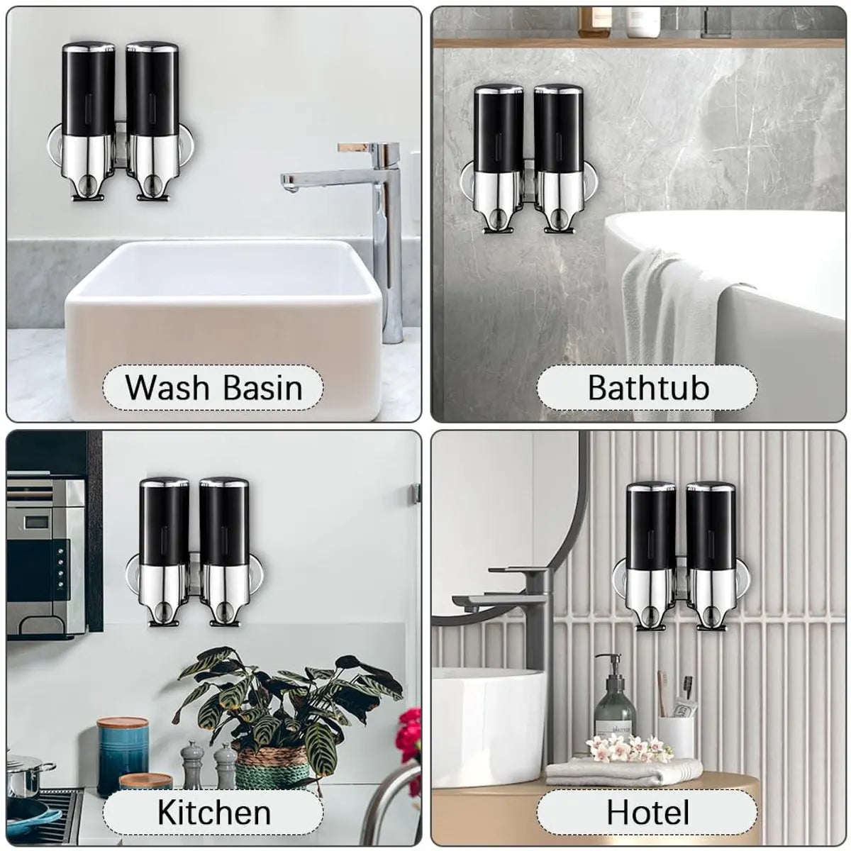 Soap Dispenser - 2 in 1 Liquid Dispenser - Liquid Dispenser - 2 x 500 ml - Wall Mounted Soap Dispenser - Kitchen - Bathroom - Shower - 24.1 x 21.6 x 10 cm - Black - Image 5