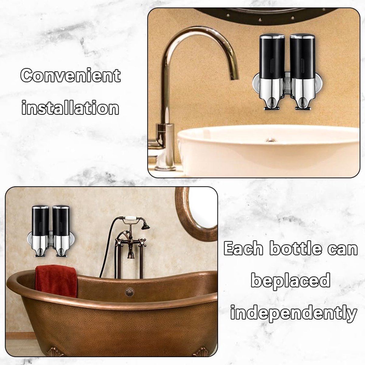 Soap Dispenser - 2 in 1 Liquid Dispenser - Liquid Dispenser - 2 x 500 ml - Wall Mounted Soap Dispenser - Kitchen - Bathroom - Shower - 24.1 x 21.6 x 10 cm - Black - Image 6