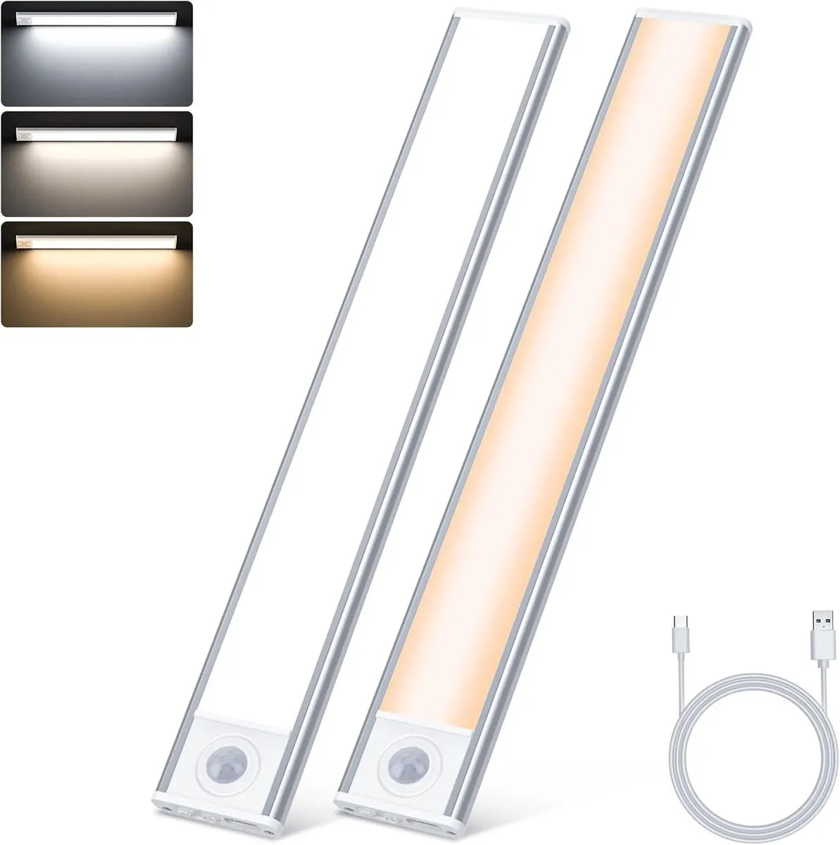 20cm LED Under Cabinet Lighting with Motion Detector - Rechargeable - 3 Colour Temperatures and Infinite Dimming, Dimmable Cabinet Lighting with 3 Modes, Sensor LED Lighting for Cabinets, Kitchens, Stairs (2 Pieces)