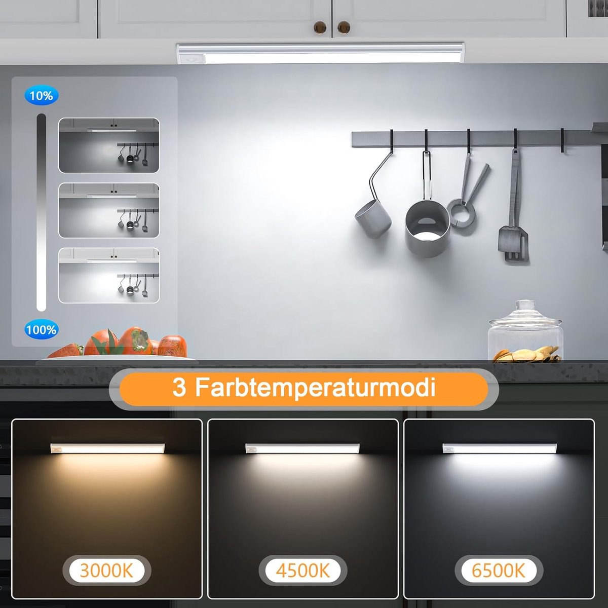 20cm LED Under Cabinet Lighting with Motion Detector - Rechargeable - 3 Colour Temperatures and Infinite Dimming, Dimmable Cabinet Lighting with 3 Modes, Sensor LED Lighting for Cabinets, Kitchens, Stairs (2 Pieces) - Image 2