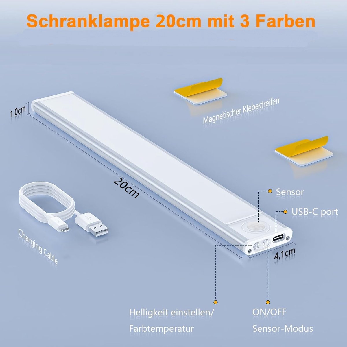 20cm LED Under Cabinet Lighting with Motion Detector - Rechargeable - 3 Colour Temperatures and Infinite Dimming, Dimmable Cabinet Lighting with 3 Modes, Sensor LED Lighting for Cabinets, Kitchens, Stairs (2 Pieces) - Image 5