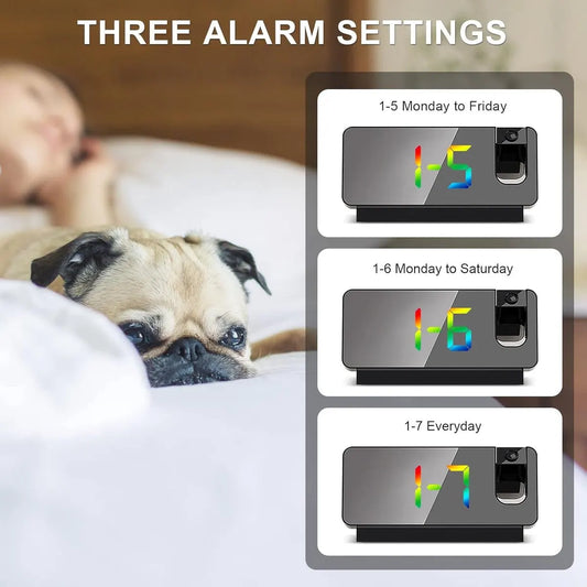 Wekker projection alarm clock, LED mirror alarm clock, alarm clock with projection function, projection clock with temperature, snooze, night mode, adjustable brightness, digital alarm clock for bedroom. - Image 2