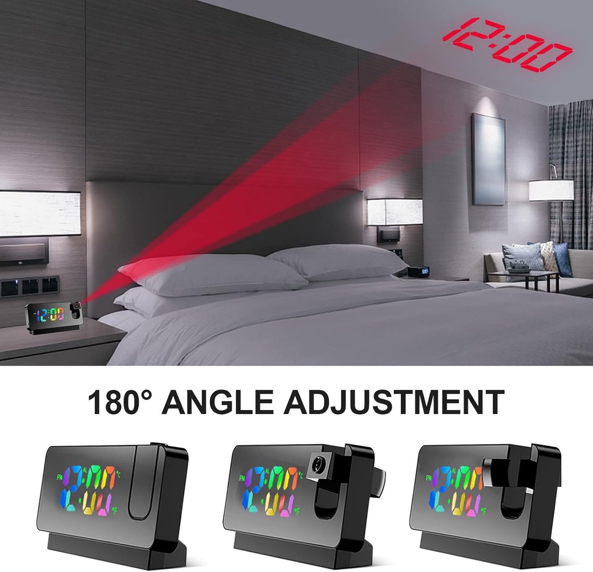 Wekker projection alarm clock, LED mirror alarm clock, alarm clock with projection function, projection clock with temperature, snooze, night mode, adjustable brightness, digital alarm clock for bedroom. - Image 5