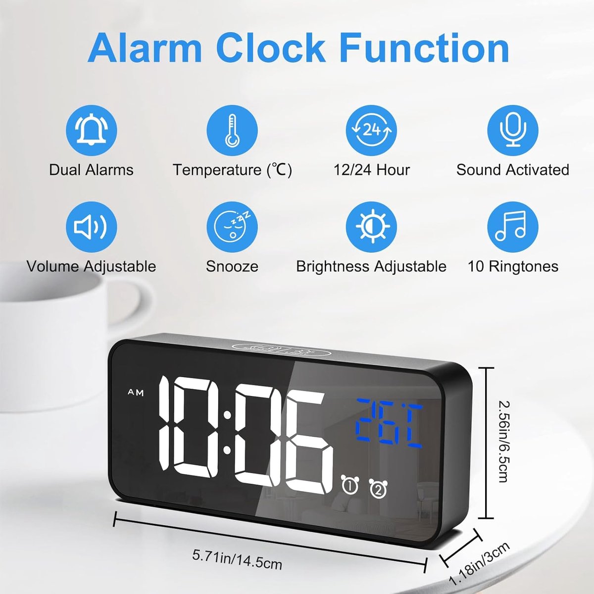 Digital alarm clock, LED digital clock with temperature display, portable mirror alarm clock, 13 alarm tones, USB rechargeable, 4 brightness settings and adjustable volume, 12/24 hour display - Image 3
