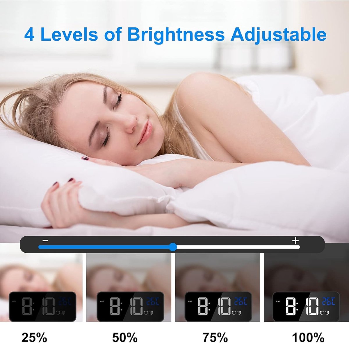 Digital alarm clock, LED digital clock with temperature display, portable mirror alarm clock, 13 alarm tones, USB rechargeable, 4 brightness settings and adjustable volume, 12/24 hour display - Image 4