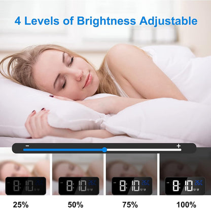 Digital alarm clock, LED digital clock with temperature display, portable mirror alarm clock, 13 alarm tones, USB rechargeable, 4 brightness settings and adjustable volume, 12/24 hour display - Image 4