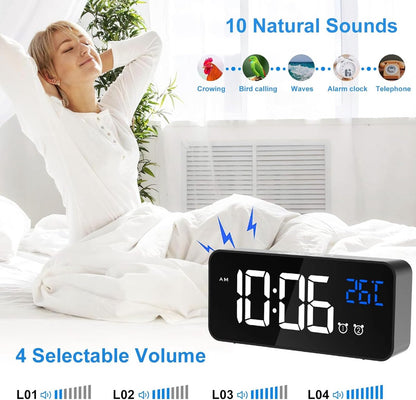 Digital alarm clock, LED digital clock with temperature display, portable mirror alarm clock, 13 alarm tones, USB rechargeable, 4 brightness settings and adjustable volume, 12/24 hour display - Image 5