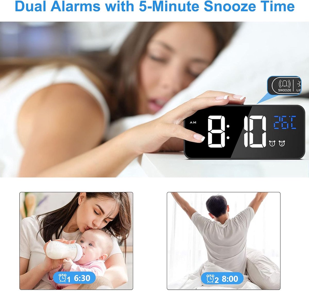 Digital alarm clock, LED digital clock with temperature display, portable mirror alarm clock, 13 alarm tones, USB rechargeable, 4 brightness settings and adjustable volume, 12/24 hour display - Image 6