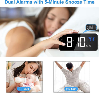 Digital alarm clock, LED digital clock with temperature display, portable mirror alarm clock, 13 alarm tones, USB rechargeable, 4 brightness settings and adjustable volume, 12/24 hour display - Image 6
